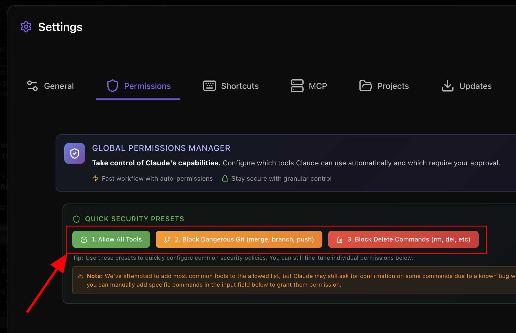 Global Permissions Manager with presets: Allow All Tools, Block Dangerous Git, Block Delete Commands
